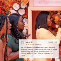 a group of women are standing in front of a box of flowers