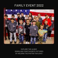 a family event poster with a group of children in front of an american flag