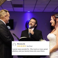 a bride and groom standing in front of a microphone