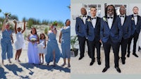 a bride and groom in tuxedos and tuxedos on the beach
