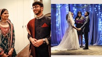 two pictures of a bride and groom at their wedding