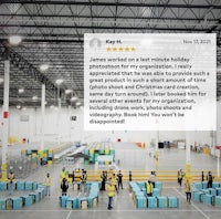 a group of people standing in a warehouse with boxes