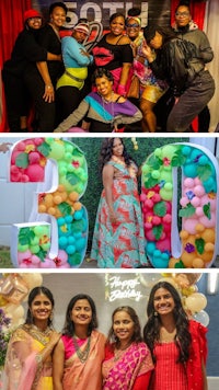 a collage of women posing in front of balloons