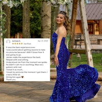 a girl in a blue dress is posing for a photo