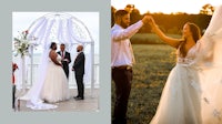 two pictures of a bride and groom at their wedding ceremony
