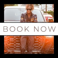 a man standing next to a car with the words book now