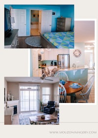 a collage of pictures of a living room, kitchen, and bedroom